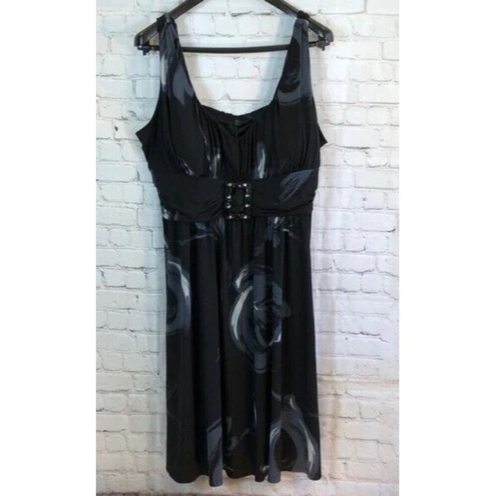 Bisou Bisou Dress Ruched Sleeveless w/ Bra Cup Inserts Black & Gray Print 20W